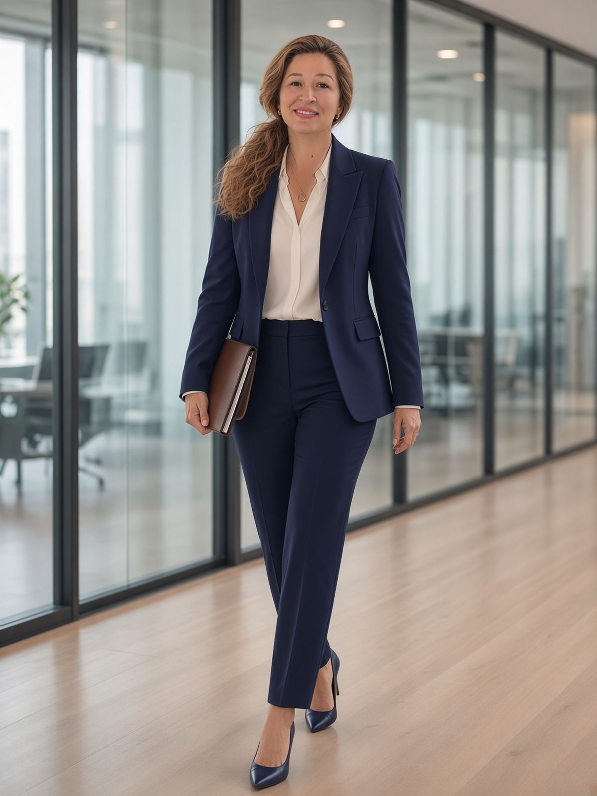 Alina Pufu, în costum bleumarin, pe holul biroului