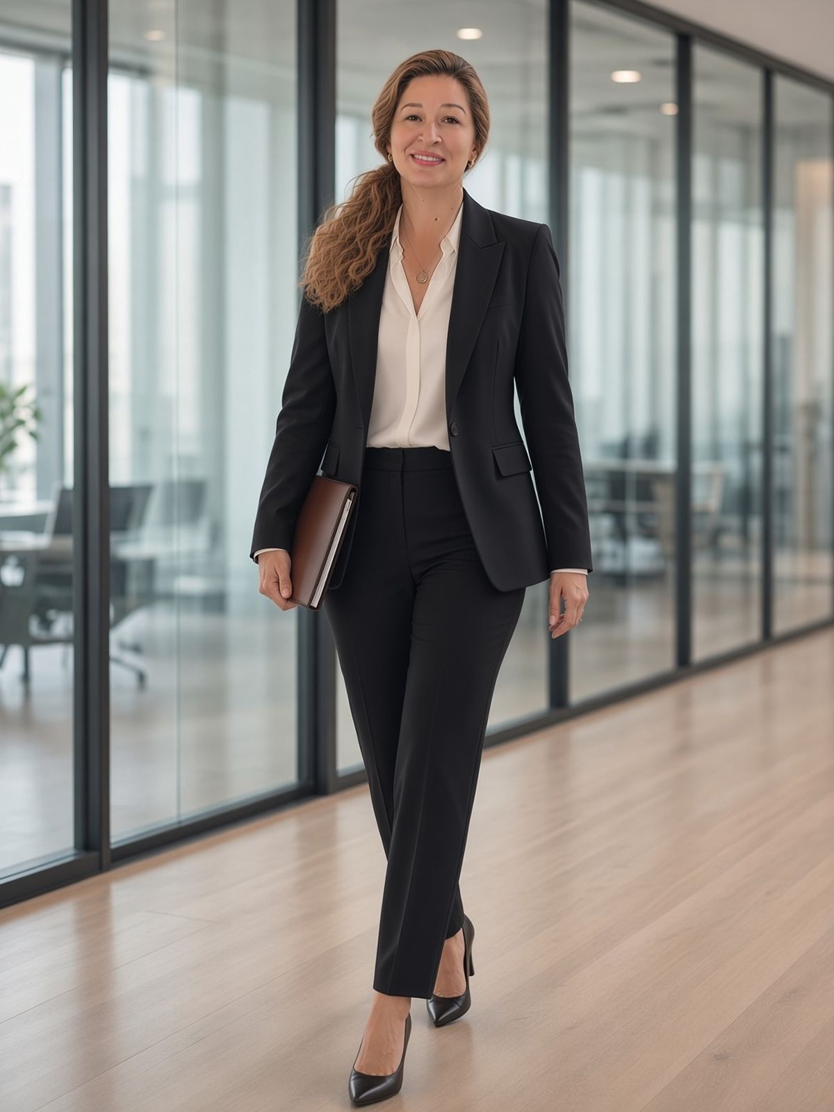 Alina Pufu, în costum negru, pe holul biroului