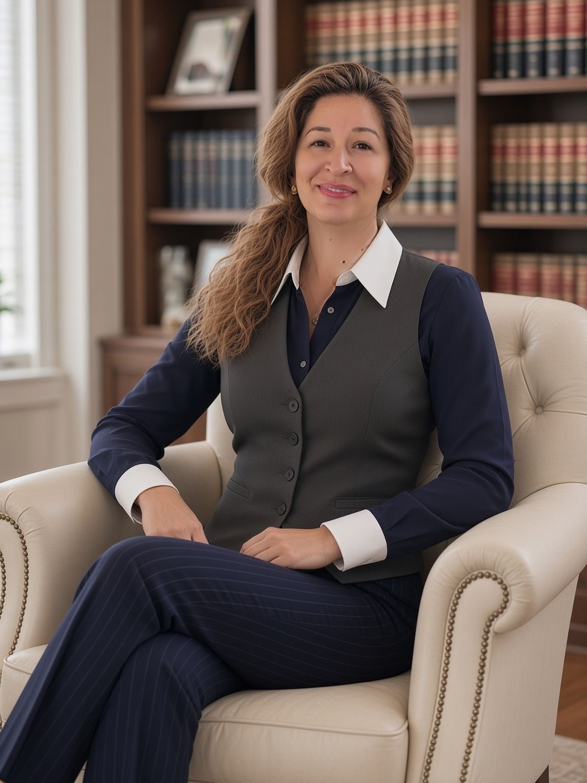 Alina Pufu așezată într-un fotoliu, în bibliotecă
