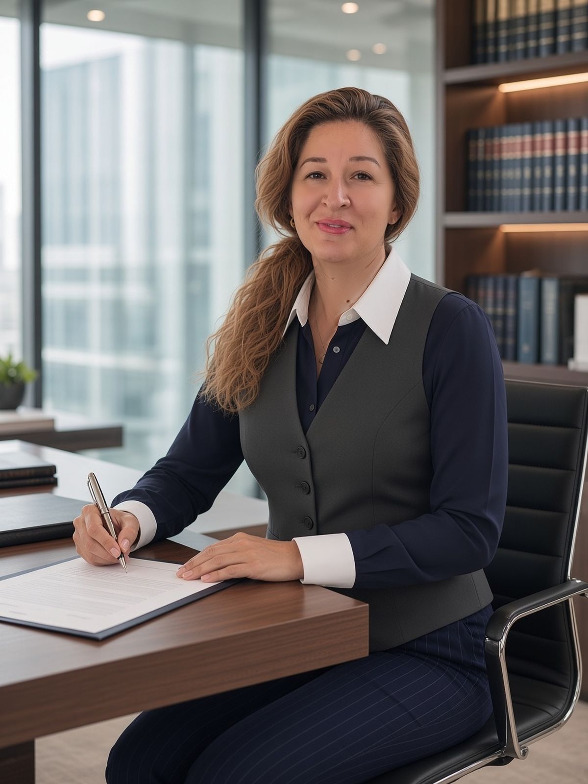 Alina Pufu notează observații pe un contract, la birou