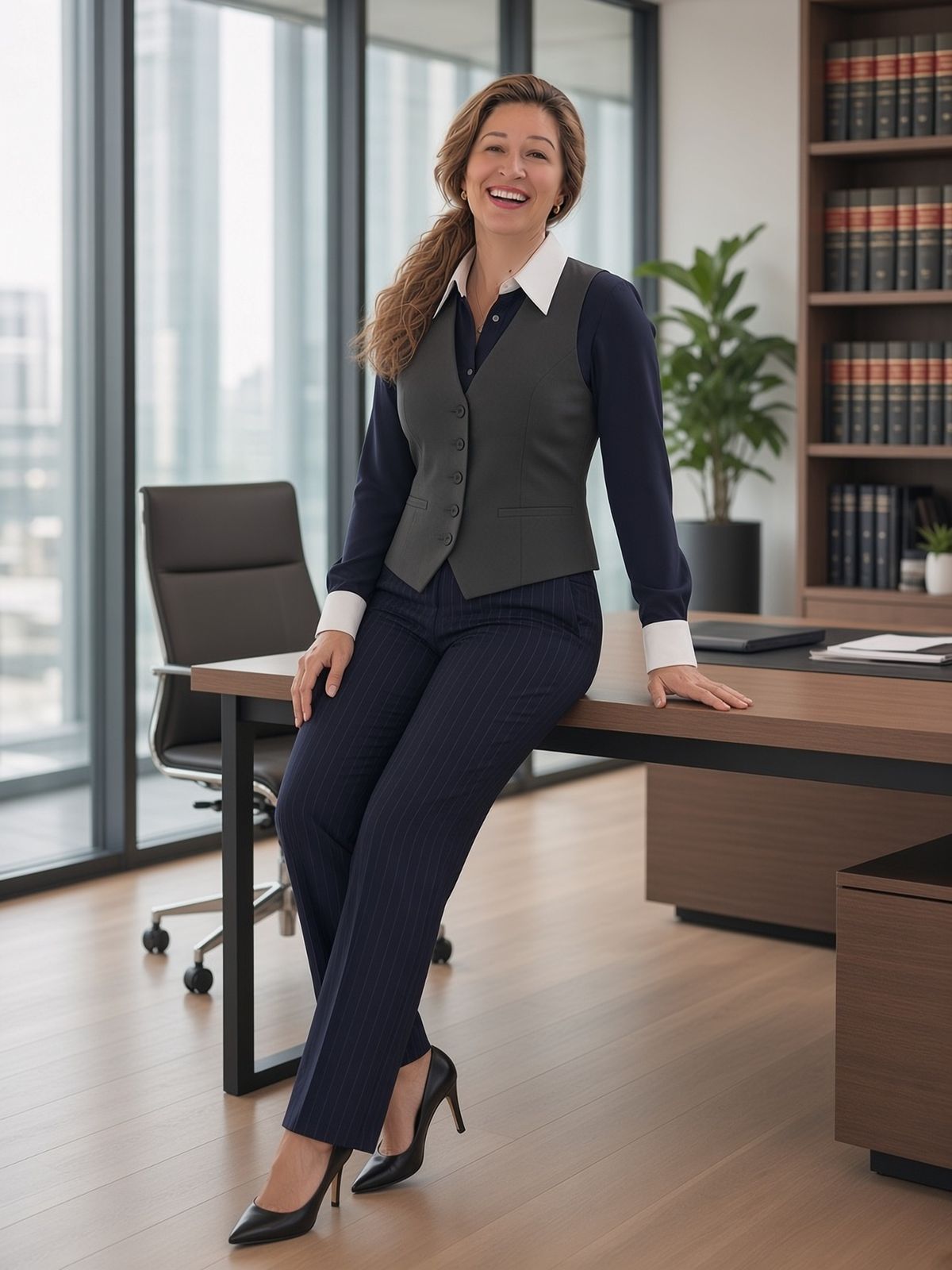 Alina Pufu sprijinită de marginea biroului